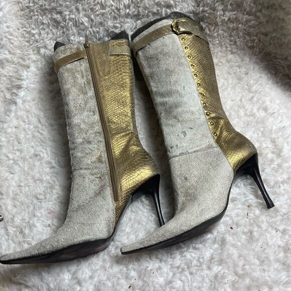 Leather Calf hair beige&gold snake skin pointed toe knee high heels boot… - Picture 6 of 14